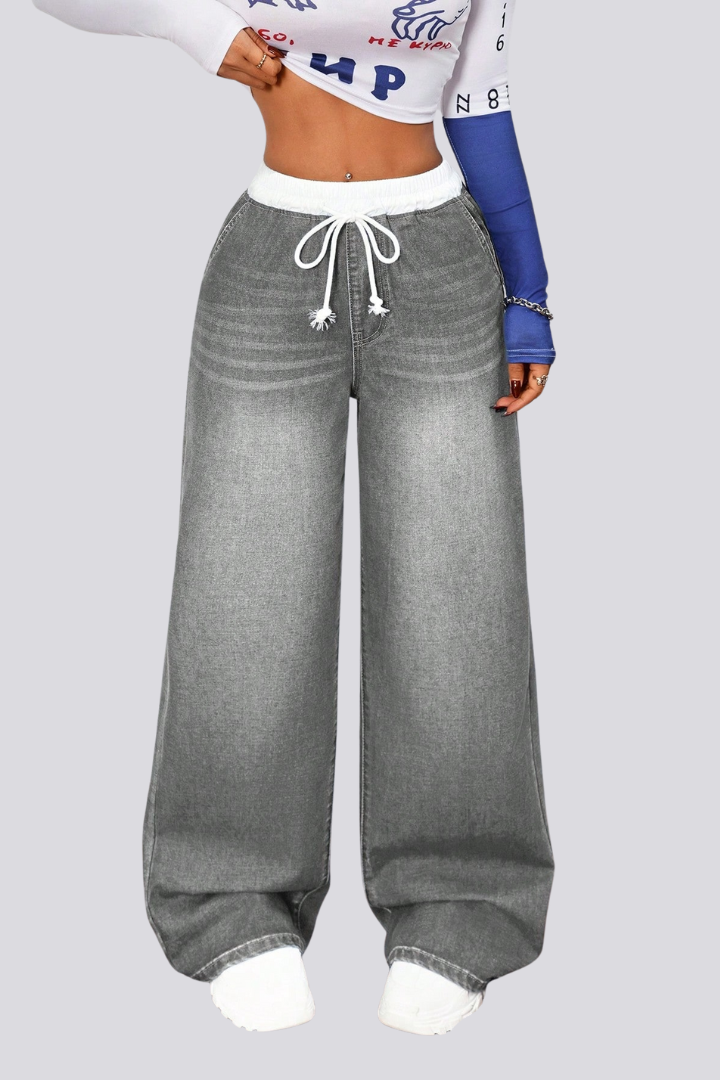 Women’s Straight-Leg Jeans with Drawstring Waist and Wide Legs