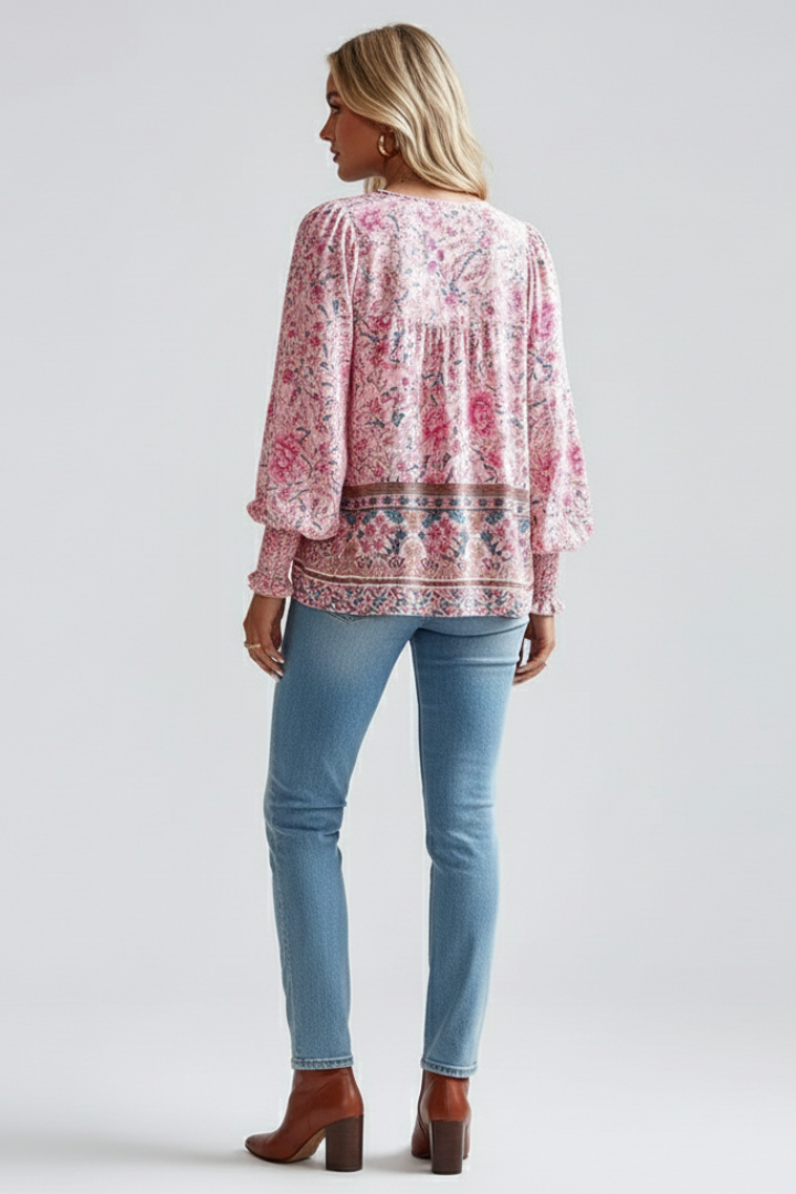 Women’s Floral Top with Relaxed Fit and Long Sleeves