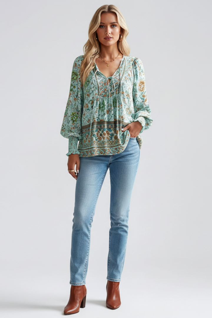 Women’s Floral Top with Relaxed Fit and Long Sleeves