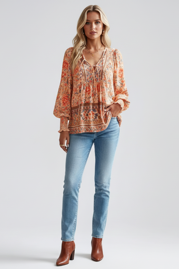 Women’s Floral Top with Relaxed Fit and Long Sleeves