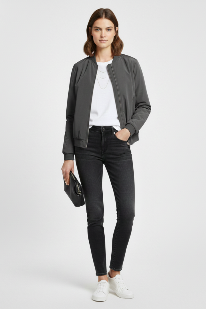 Women’s Bomber Jacket with Ribbed Details and Zipper Closure