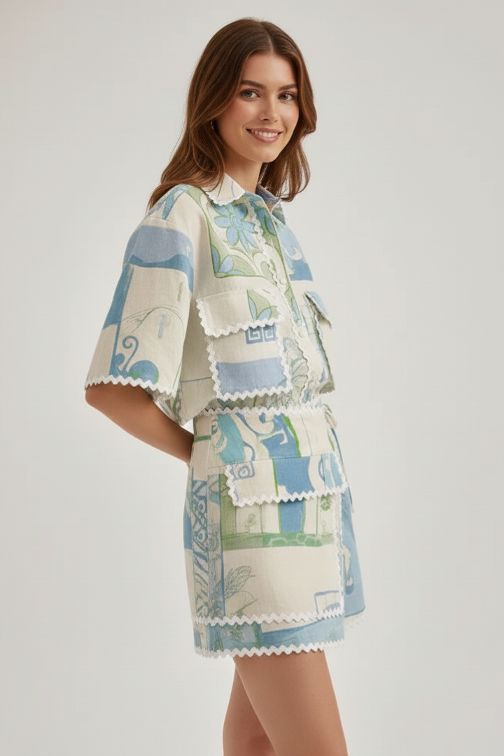 Women’s Two-Piece Set with Patchwork Top and Adjustable Shorts