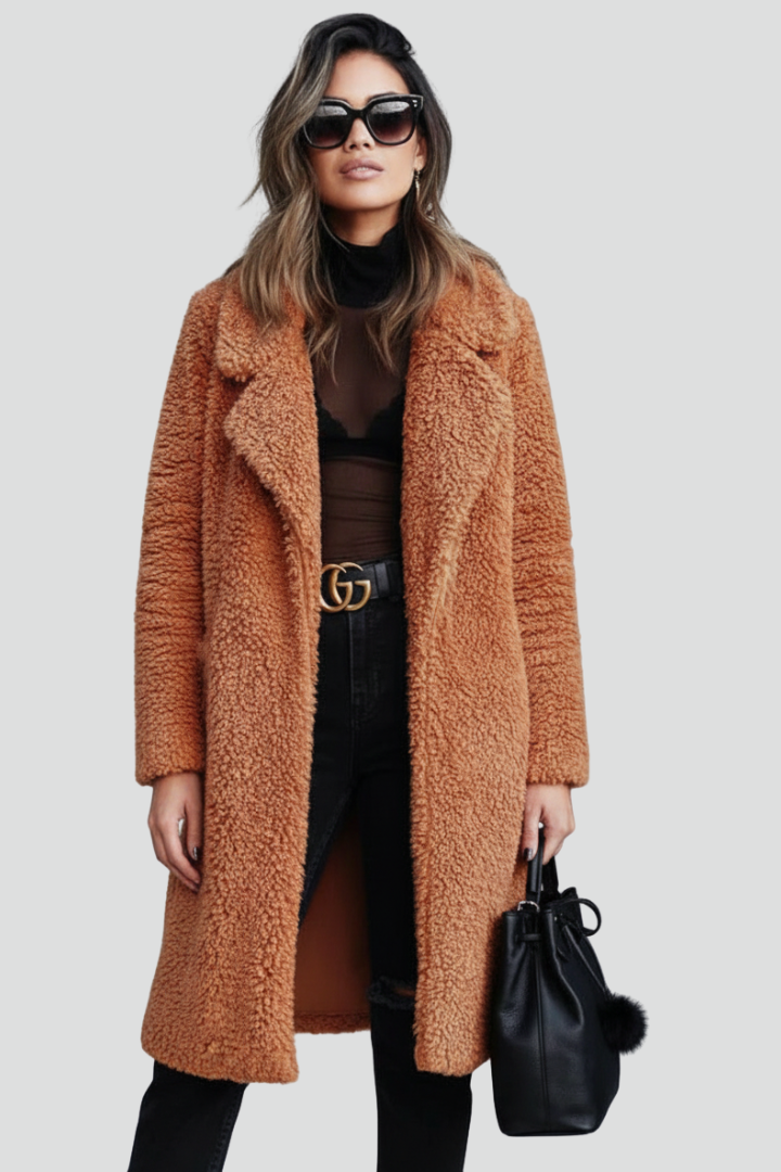 Women’s Long Coat with Lapel Collar and Textured Surface
