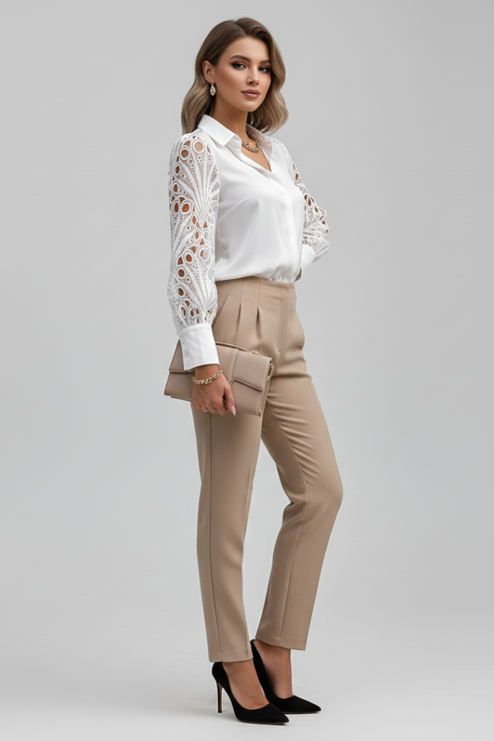 Women’s Blouse with Lace Sleeves and Button Cuffs
