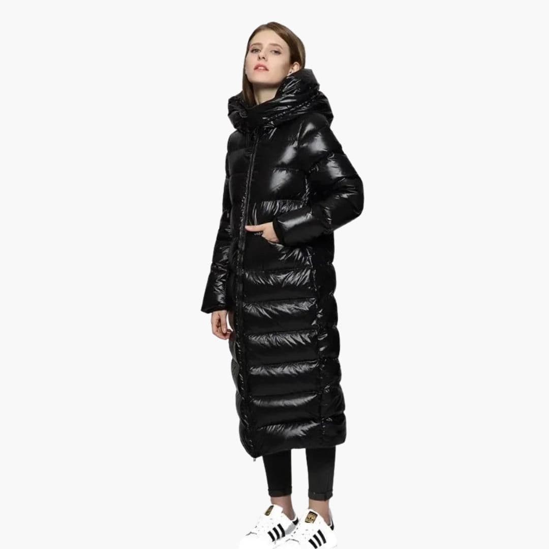 Women’s Long Puffer Coat with Hood and Zip Fastening