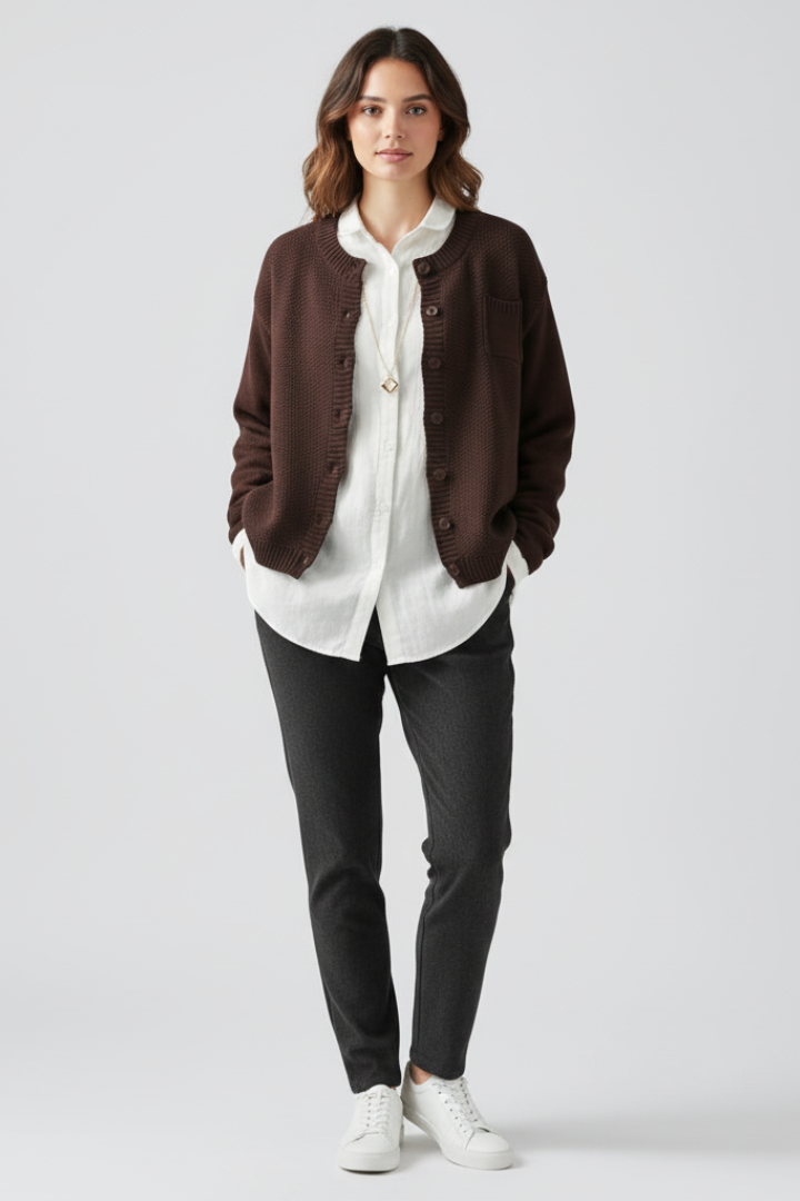Women’s Knitted Cardigan with Round Neck and Button Front