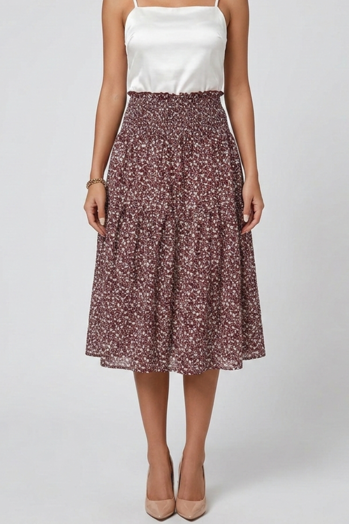 Women’s Midi Skirt with Elastic Waist and Floral Print