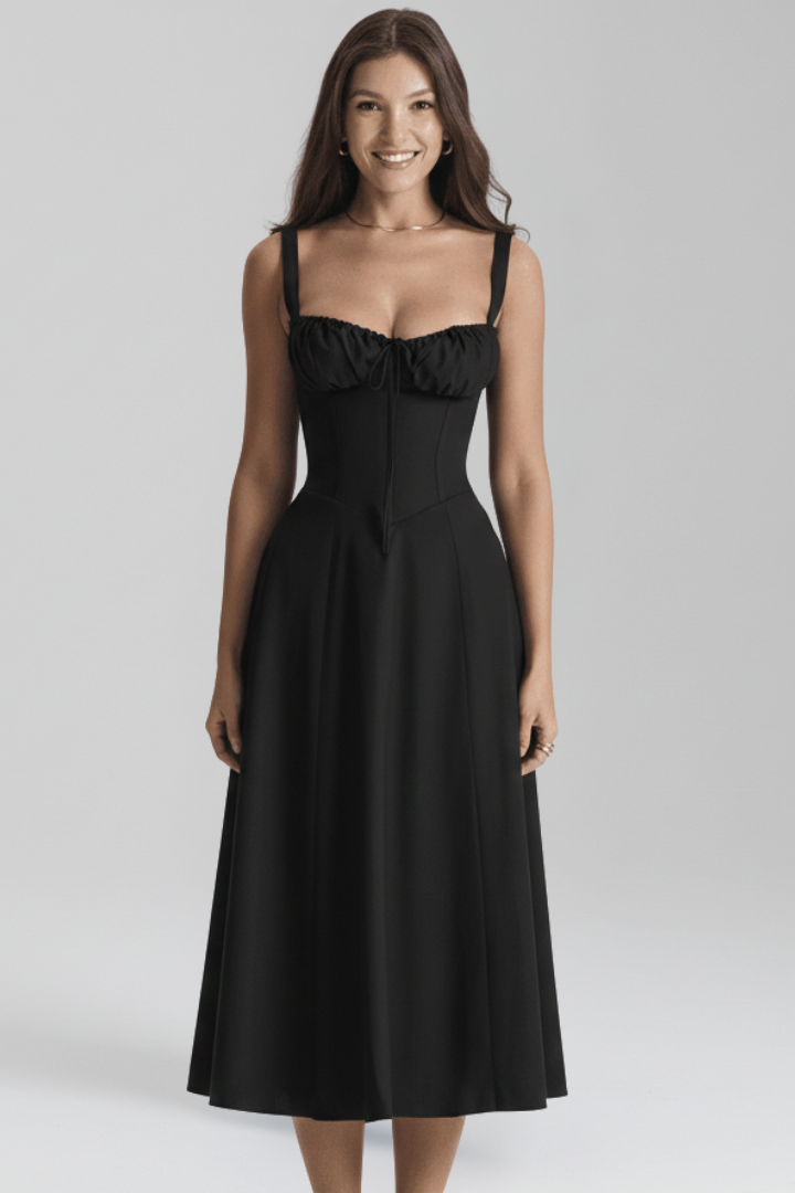 Women Midi Dress with Shoulder Straps and Patterned Skirt