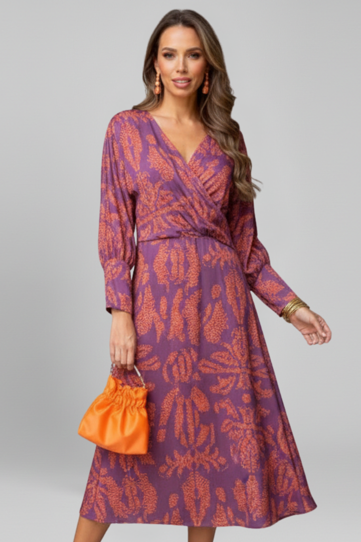 Women Midi Dress with V Neck and Long Sleeves