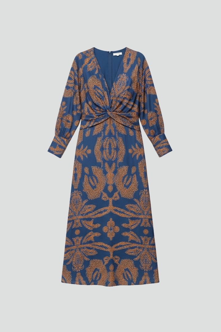 Women Midi Dress with V Neck and Long Sleeves