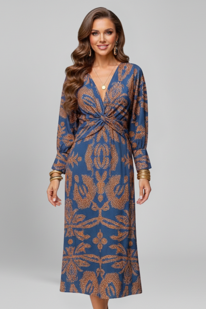 Women Midi Dress with V Neck and Long Sleeves