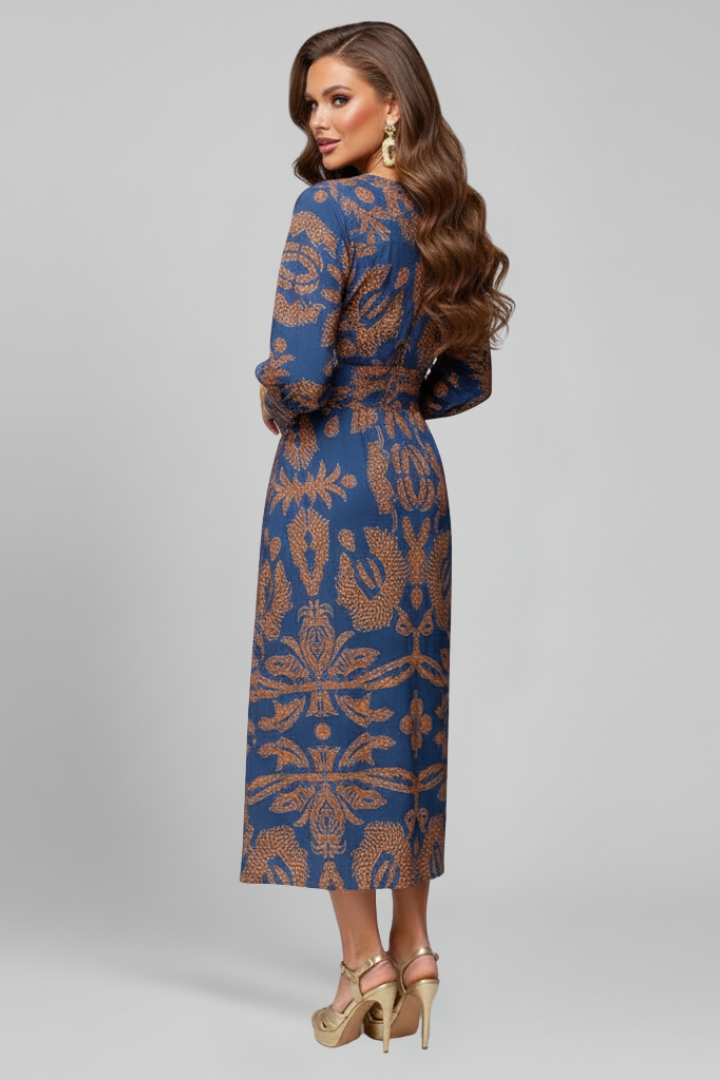 Women Midi Dress with V Neck and Long Sleeves