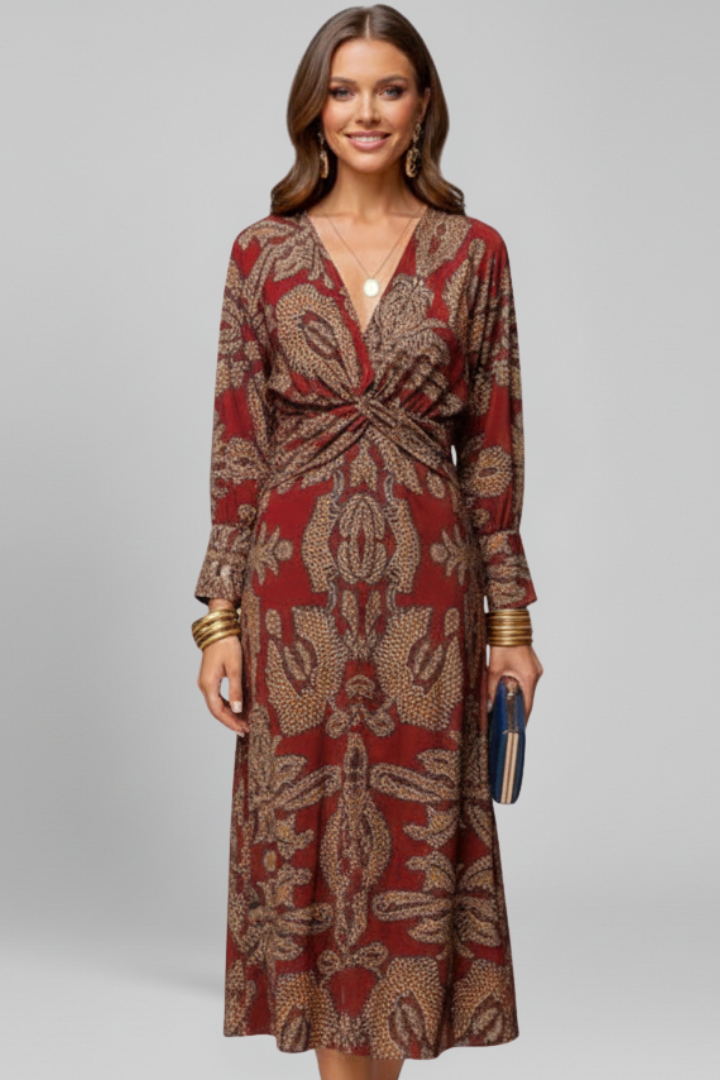 Women Midi Dress with V Neck and Long Sleeves