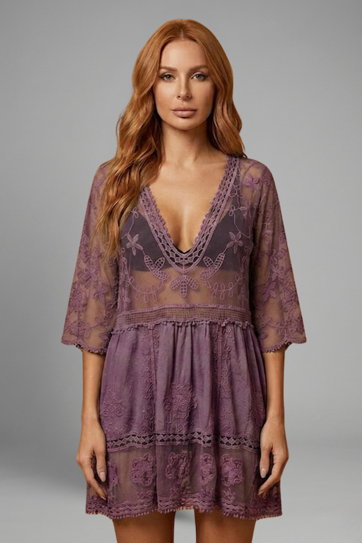 Women’s Beach Cover Up Dress with V Neck and Lace Surface