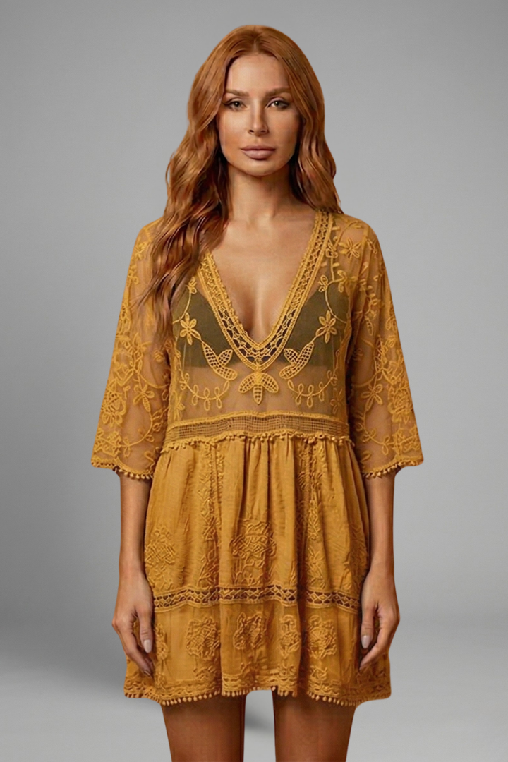 Women’s Beach Cover Up Dress with V Neck and Lace Surface
