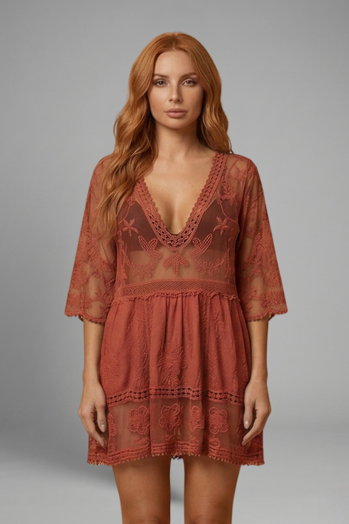 Women’s Beach Cover Up Dress with V Neck and Lace Surface