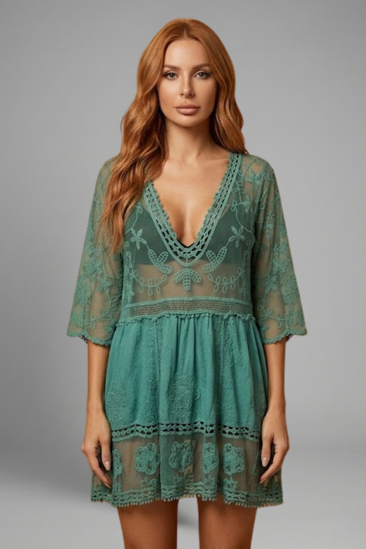 Women’s Beach Cover Up Dress with V Neck and Lace Surface