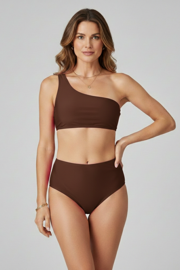 Women’s Bikini Set with One Shoulder Top and High Waist Bottom