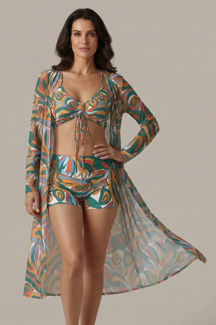 Women’s Bikini Set with Tie Top and Long Cover Up