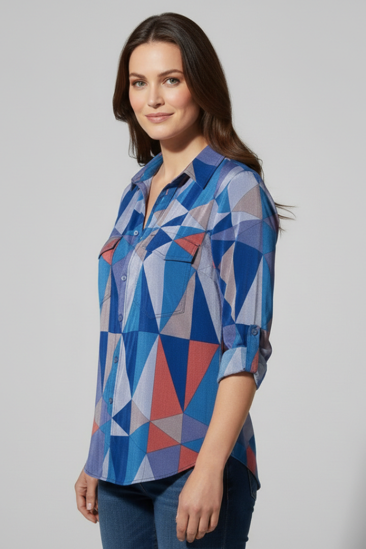 Women’s Blouse with Button Closure and Geometric Print