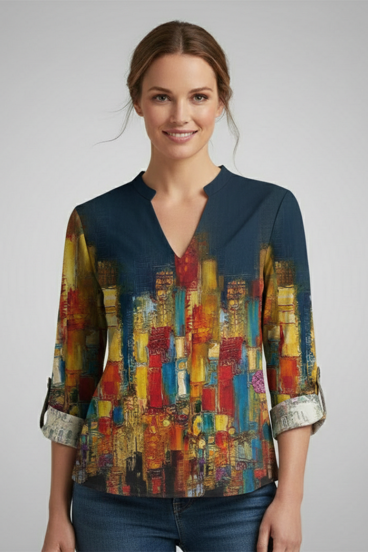 Women’s Blouse with V-Neck and Abstract Print
