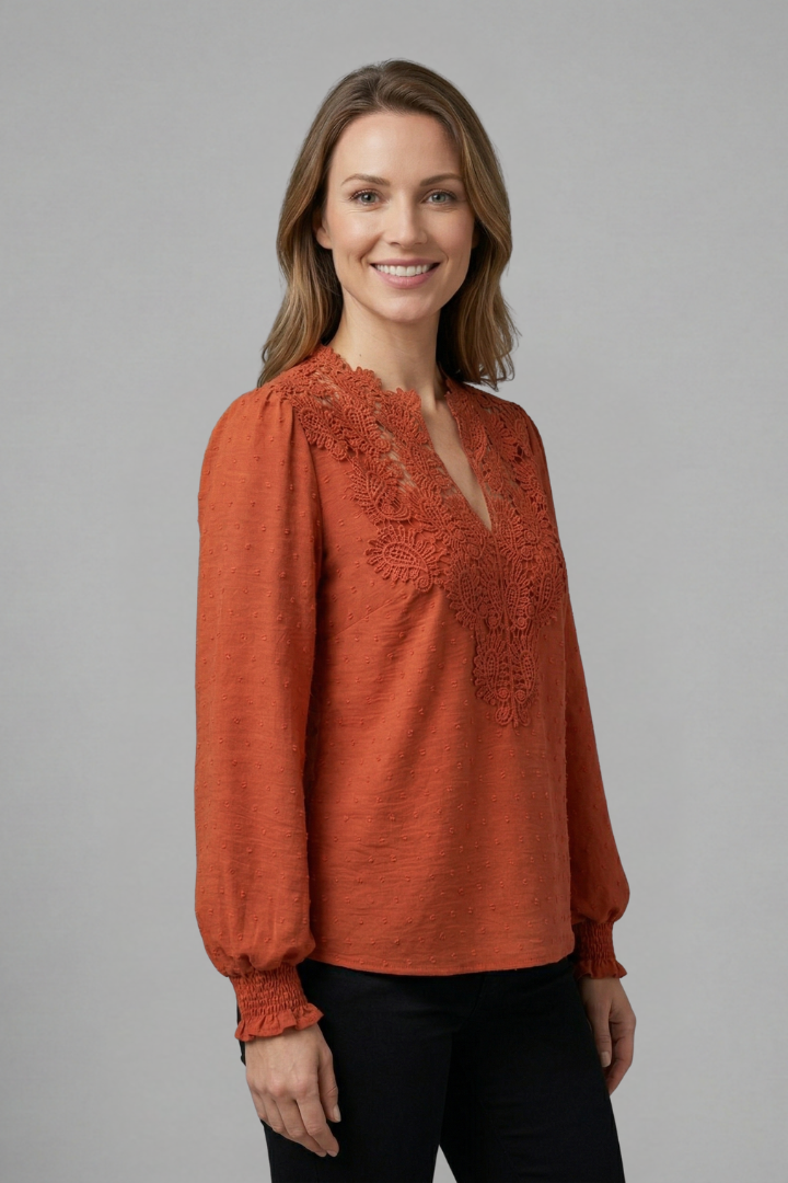 Women’s Blouse with V-Neck and Lace Detail