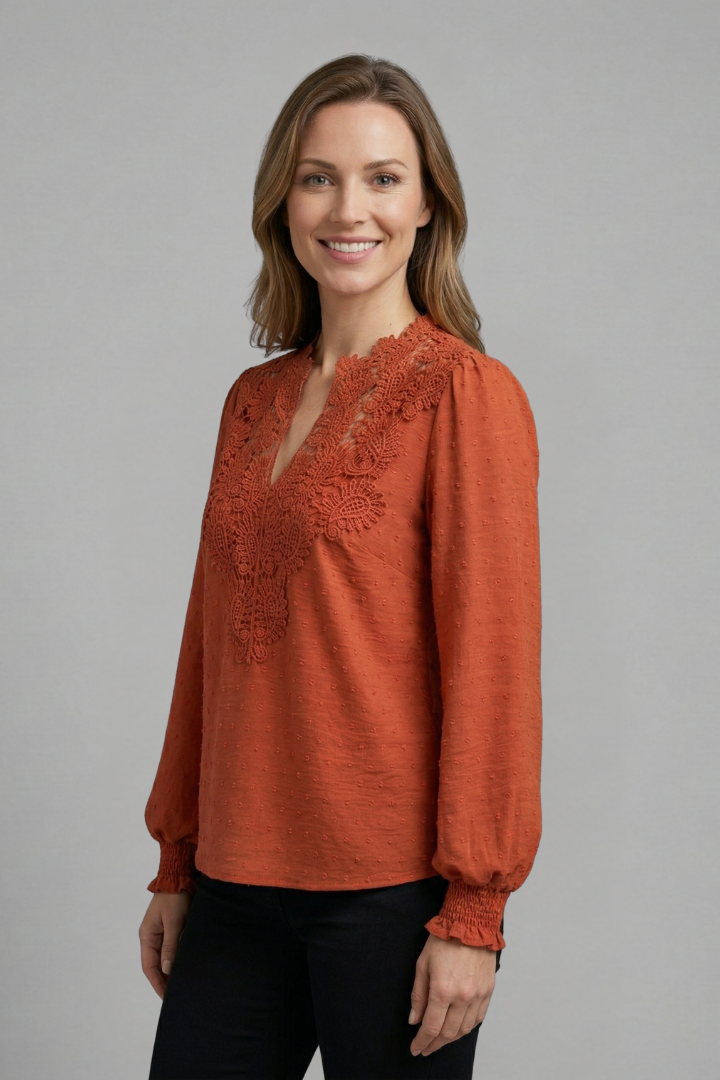 Women’s Blouse with V-Neck and Lace Detail