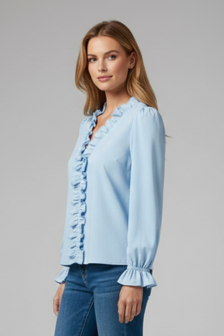 Women’s Blouse with V Neck and Ruffle Detail