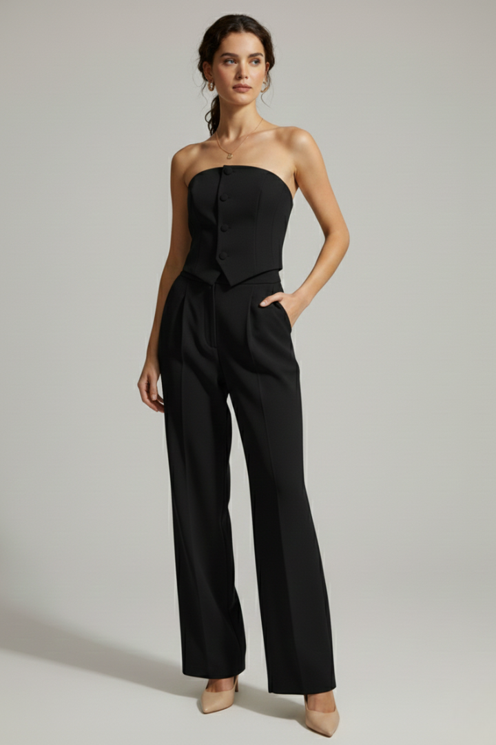 Women’s Bustier Top and Trousers Set with Button Detail