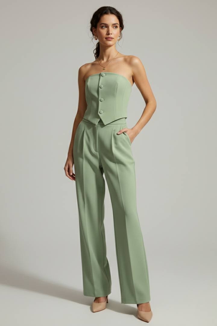 Women’s Bustier Top and Trousers Set with Button Detail