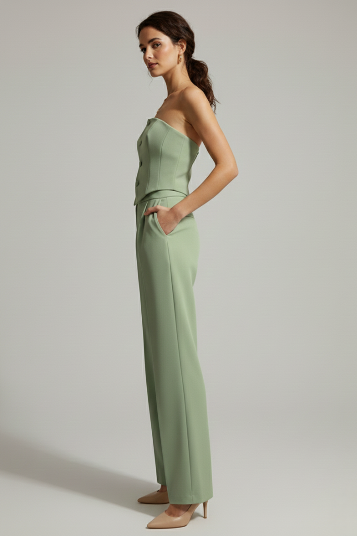 Women’s Bustier Top and Trousers Set with Button Detail