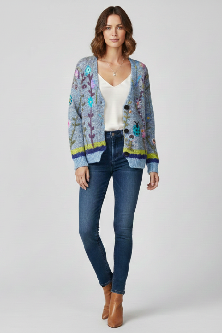 Women’s Cardigan with V-Neck and Patterned Knit Surface