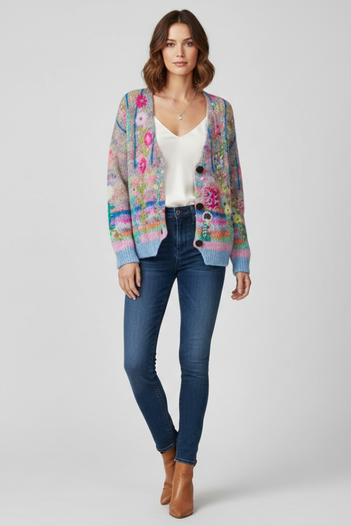Women’s Cardigan with V-Neck and Patterned Knit Surface