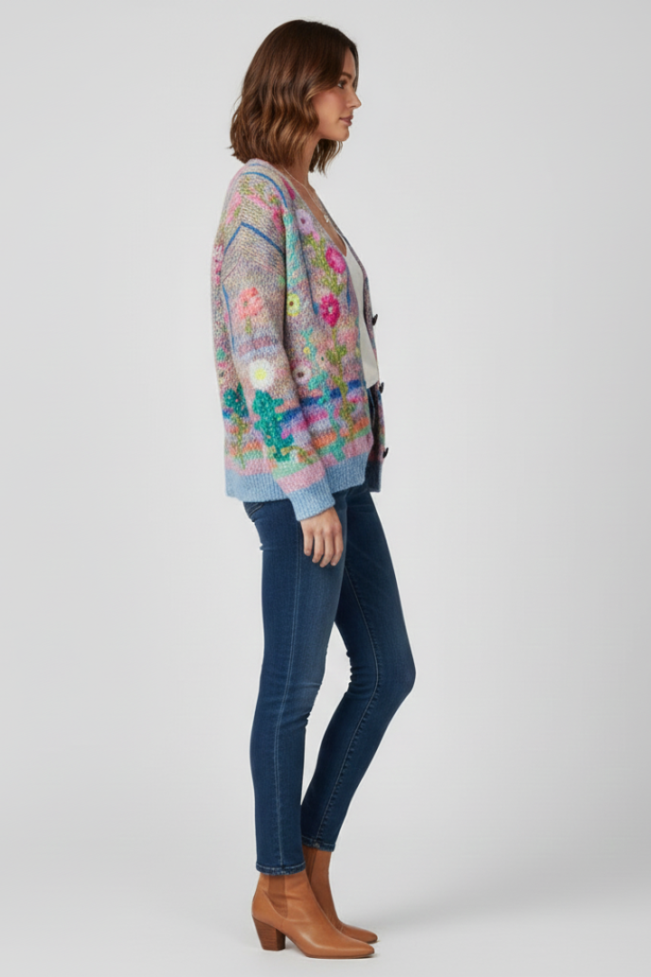 Women’s Cardigan with V-Neck and Patterned Knit Surface