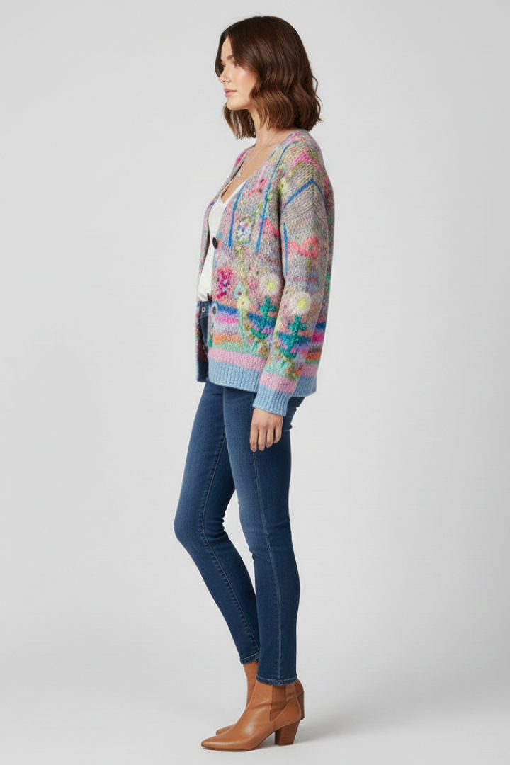 Women’s Cardigan with V-Neck and Patterned Knit Surface