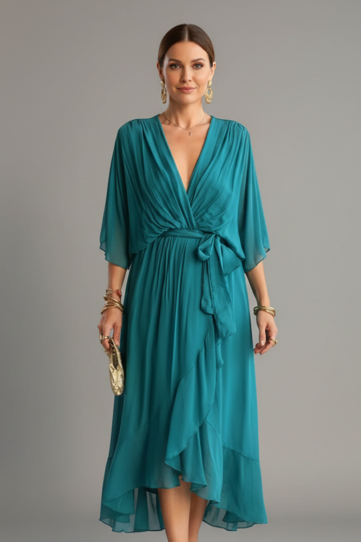 Women’s Chiffon Dress with V-Neck and Tie Waist