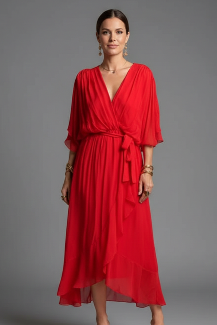 Women’s Chiffon Dress with V-Neck and Tie Waist