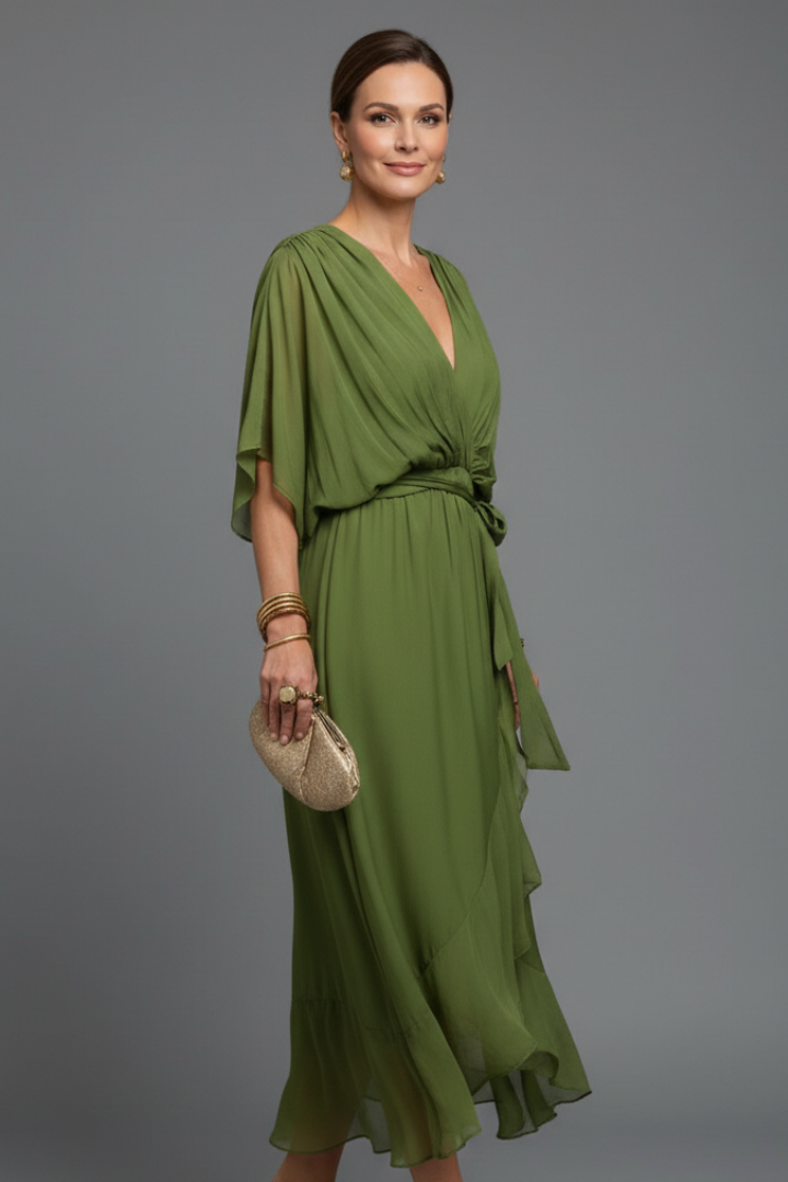 Women’s Chiffon Dress with V-Neck and Tie Waist