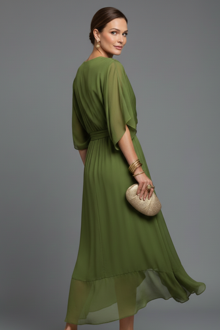 Women’s Chiffon Dress with V-Neck and Tie Waist