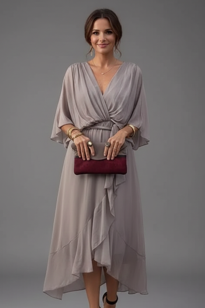 Women’s Chiffon Dress with V-Neck and Tie Waist