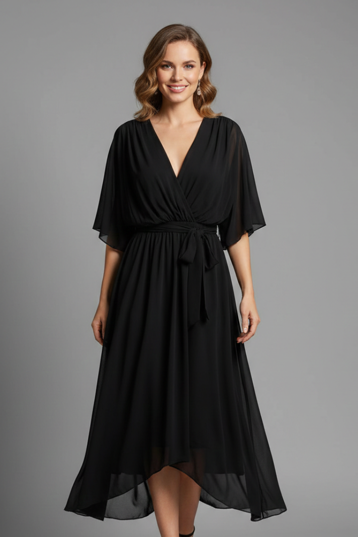 Women’s Chiffon Dress with V-Neck and Tie Waist