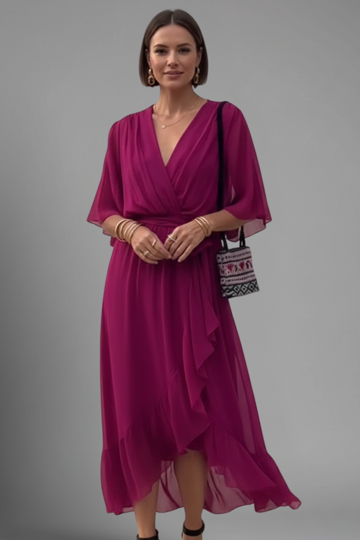Women’s Chiffon Dress with V-Neck and Tie Waist