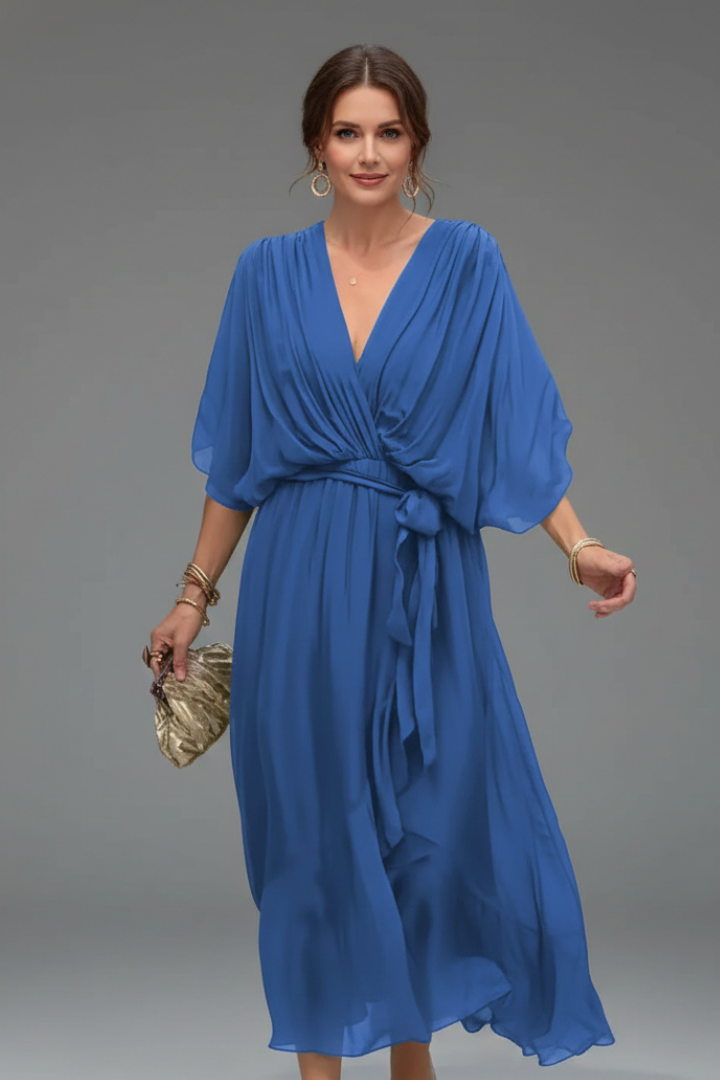Women’s Chiffon Dress with V-Neck and Tie Waist