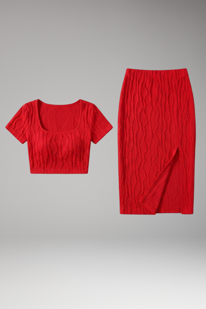 Women’s Crop Top and Maxi Skirt with Square Neck and Side Slit