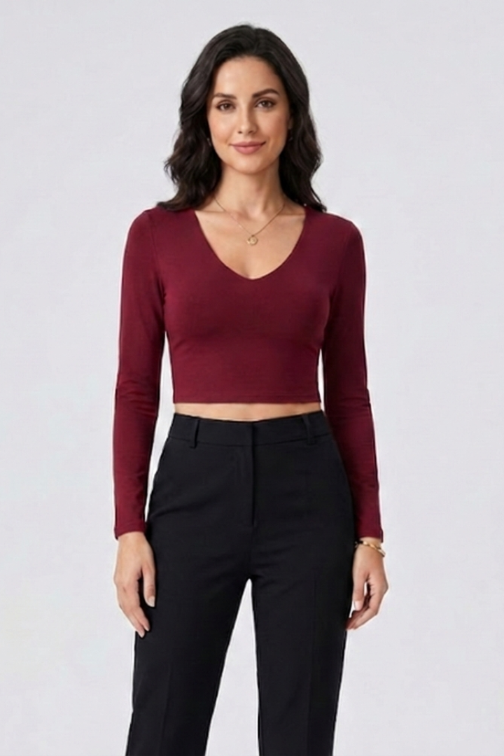 Women’s Crop Top with V-Neck and Long Sleeves