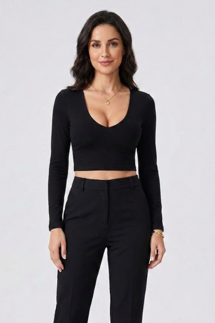 Women’s Crop Top with V-Neck and Long Sleeves