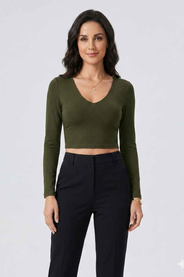 Women’s Crop Top with V-Neck and Long Sleeves