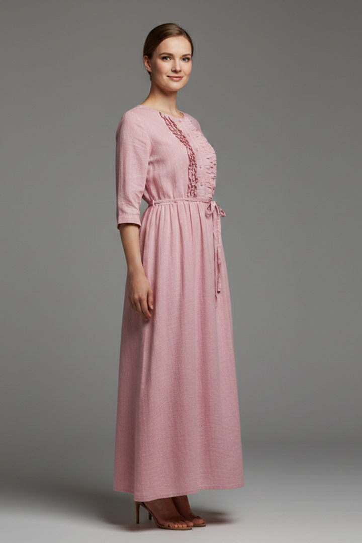 Women’s Dress with Button Placket and Tie Belt