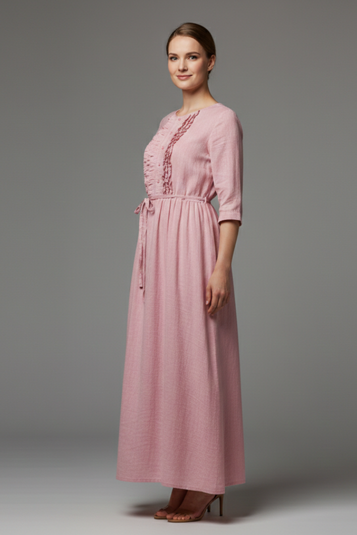 Women’s Dress with Button Placket and Tie Belt