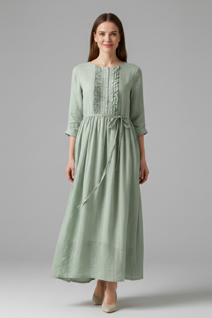 Women’s Dress with Button Placket and Tie Belt